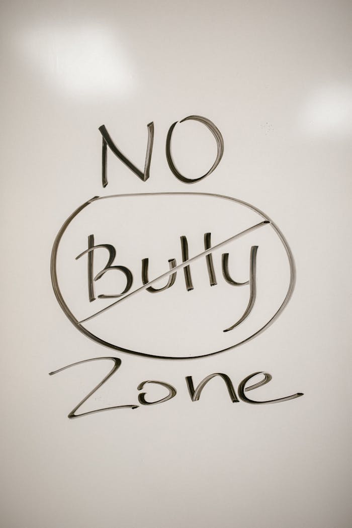 A handwritten motivational message on a whiteboard promoting a no-bullying zone.